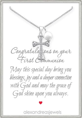 Sterling Silver Cross Necklace for Girls, First Communion Gift Necklace for Daughter, Silver Cross Necklace with Crystal Pearl in Kuwait