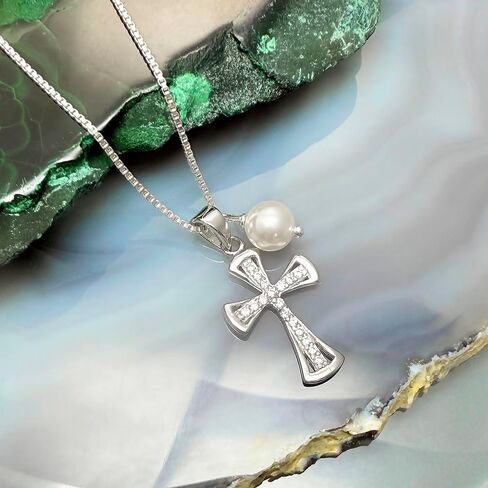 Sterling Silver Cross Necklace for Girls, First Communion Gift Necklace for Daughter, Silver Cross Necklace with Crystal Pearl in Kuwait