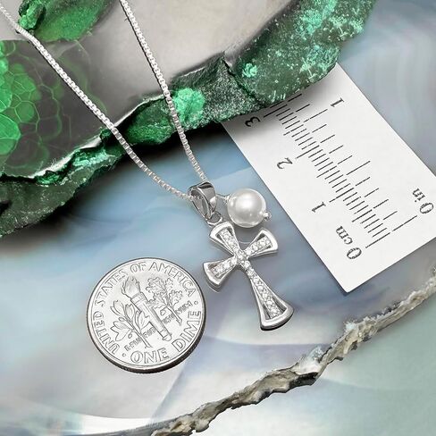 Sterling Silver Cross Necklace for Girls, First Communion Gift Necklace for Daughter, Silver Cross Necklace with Crystal Pearl in Kuwait