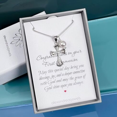 Sterling Silver Cross Necklace for Girls, First Communion Gift Necklace for Daughter, Silver Cross Necklace with Crystal Pearl in Kuwait