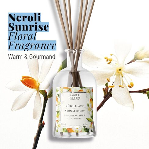 Panier des Sens Neroli Reed Diffuser 8.1 Fl.Oz - Soft & Long Lasting Fragrance 5+ Months - Elegant Home Fragrance in Glass Bottle - Oil-Based Scent Diffuser Made in France - Natural Ingredients in Saudi Arabia