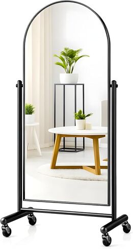 Arched Full Length Rolling Mirror on Wheels, 65"Lx23"W Large Modern Tilting Swivel Mirror with Tempered Glass & Metal Frame, Use for Dressing,Dance Studio,Fitness,Home Gym, Barbershop (Black) in Kuwait