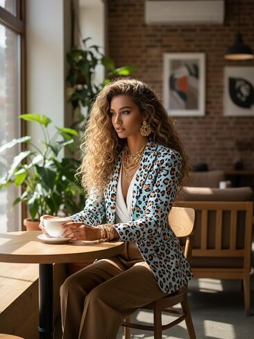 سترة نسائية بطبعة الفهد بأكمام طويلة وكتف مبطن ومفتوحة من الأمام، مناسبة للعمل in Kuwait