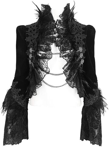 Gothic Victorian Cropped Jacket Women Black Velvet Ultra Short Jacket with Feather Lace Trim Gothic Coat in Saudi Arabia