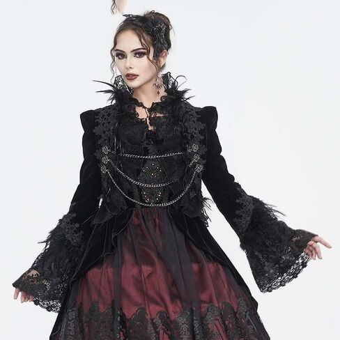 Gothic Victorian Cropped Jacket Women Black Velvet Ultra Short Jacket with Feather Lace Trim Gothic Coat in Saudi Arabia