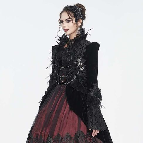 Gothic Victorian Cropped Jacket Women Black Velvet Ultra Short Jacket with Feather Lace Trim Gothic Coat in Saudi Arabia