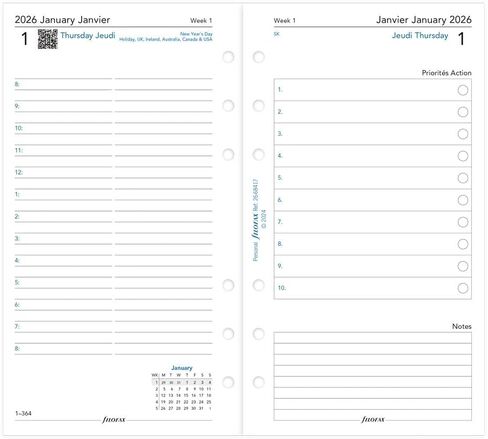 Filofax Calendar Diary Refill, Personal/Compact Size, Day on Two Pages with Appointments, White Paper, Bilingual, 2026 (C68417-26) in Saudi Arabia