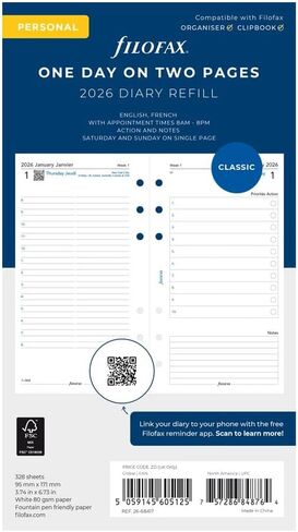 Filofax Calendar Diary Refill, Personal/Compact Size, Day on Two Pages with Appointments, White Paper, Bilingual, 2026 (C68417-26) in Saudi Arabia