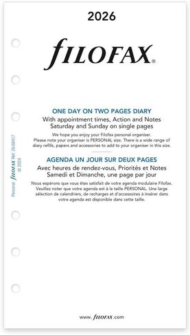 Filofax Calendar Diary Refill, Personal/Compact Size, Day on Two Pages with Appointments, White Paper, Bilingual, 2026 (C68417-26) in Saudi Arabia