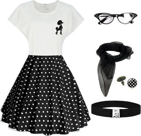 تنانير بودل من الخمسينيات من القرن الماضي ملابس سوك هوب للسيدات فستان بودل من الخمسينيات مع حزام ونظارات وأقراط ووشاح in Kuwait