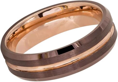 6mm Brushed Brown & Rose Gold Tungsten Carbide Ring – Polished Groove, Domed Design, Comfort Fit Wedding Band for Men & Women. in Saudi Arabia