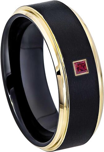 0.05ctw - 0.10ctw Princess Cut Ruby Birthstone Cobalt Ring - Matte Black & Yellow Gold IP Stepped Edge Cobalt Men Wedding Band - يوليو Birthstone Ring in Saudi Arabia