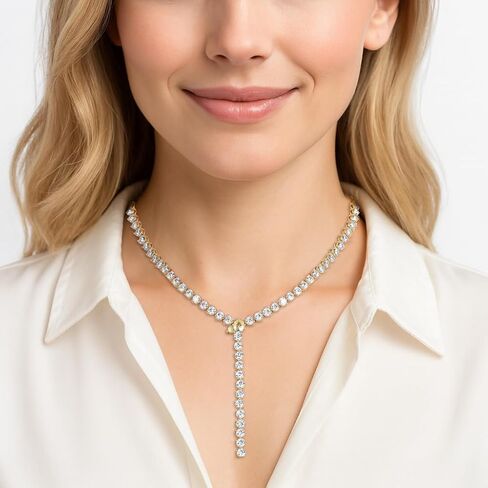 قلادة تنس على شكل حرف Y من النحاس المطلي بالذهب للنساء، قلادة لاريا مقاس 40.64 سم مع قطرة بار - سلسلة ريفييرا ذات طبقات أنيقة، هدية زفاف لامعة in Kuwait