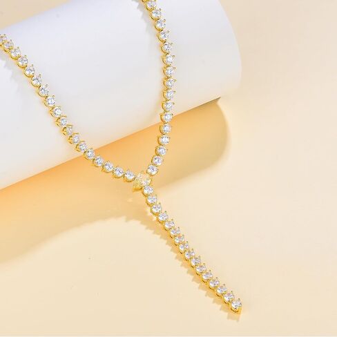 قلادة تنس على شكل حرف Y من النحاس المطلي بالذهب للنساء، قلادة لاريا مقاس 40.64 سم مع قطرة بار - سلسلة ريفييرا ذات طبقات أنيقة، هدية زفاف لامعة in Kuwait