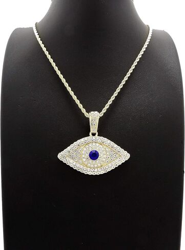 Fashion 21 Stone Filled Evil Eye Pendant 24 inches Chain Necklace in Gold, Silver Tone in Saudi Arabia
