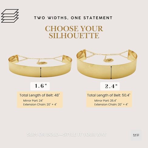 Fashion 21 Women's Shiny Polished Adjustable Metal Mirror Waist Belt Gold, Rose Gold, Silver Tone in Saudi Arabia