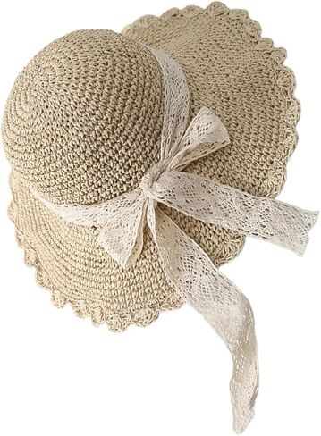 SAFIGLE Summer Wide Brim Straw Hat for Girls Detachable Lace Bow Sun Hat for Outdoor Beach Activities Stylish and Comfortable Summer Accessory Beige in Saudi Arabia