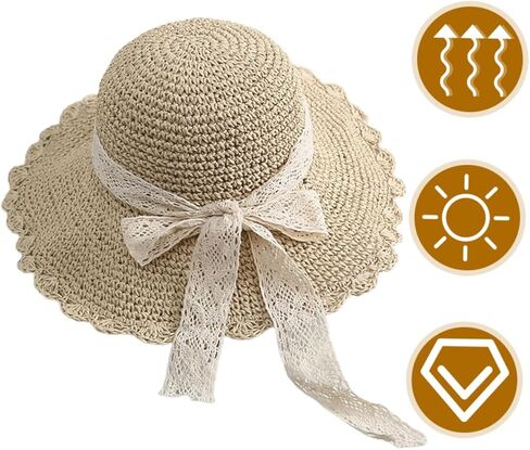 SAFIGLE Summer Wide Brim Straw Hat for Girls Detachable Lace Bow Sun Hat for Outdoor Beach Activities Stylish and Comfortable Summer Accessory Beige in Saudi Arabia