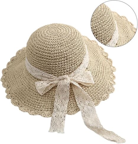 SAFIGLE Summer Wide Brim Straw Hat for Girls Detachable Lace Bow Sun Hat for Outdoor Beach Activities Stylish and Comfortable Summer Accessory Beige in Saudi Arabia