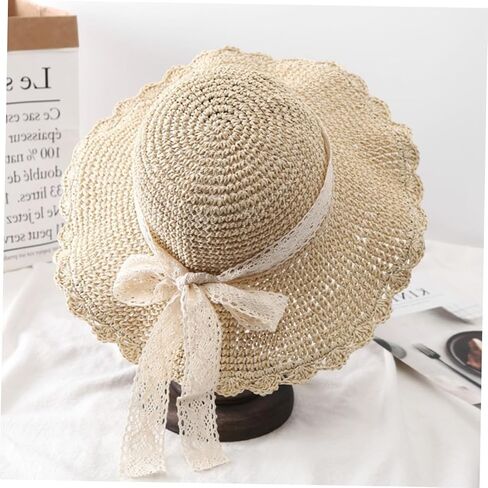 SAFIGLE Summer Wide Brim Straw Hat for Girls Detachable Lace Bow Sun Hat for Outdoor Beach Activities Stylish and Comfortable Summer Accessory Beige in Saudi Arabia