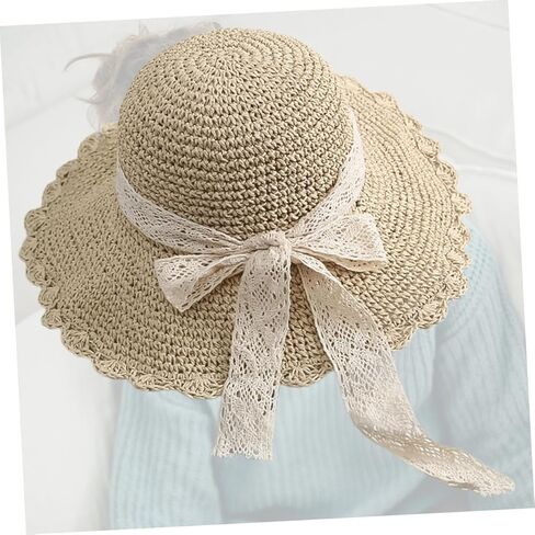 SAFIGLE Summer Wide Brim Straw Hat for Girls Detachable Lace Bow Sun Hat for Outdoor Beach Activities Stylish and Comfortable Summer Accessory Beige in Saudi Arabia