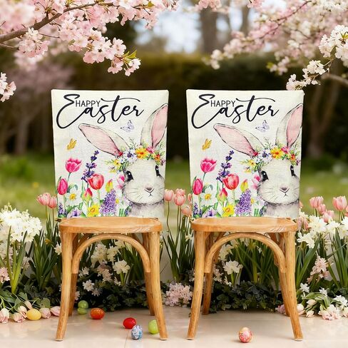 Whaline 4Pcs Easter Chair Back Cover Dining Chair Slipcover Protector Watercolor Flower Bunny Rabbit Seat Covers for Spring Home Kitchen Decor in Saudi Arabia