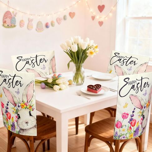 Whaline 4Pcs Easter Chair Back Cover Dining Chair Slipcover Protector Watercolor Flower Bunny Rabbit Seat Covers for Spring Home Kitchen Decor in Saudi Arabia