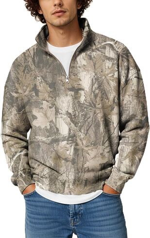 Mens Camo Quarter Zip Pullover Oversized Fleece Camouflage Print Sweatshirt Polo Long Sleeve Hunting Sweater in Kuwait
