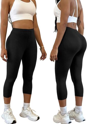 2 Pack Super Soft Capri Pants for Women, No See Through Workout Running Yoga Athletic Leggings Work Out in Saudi Arabia