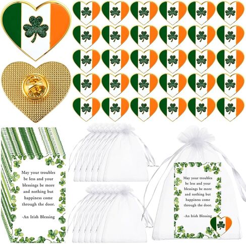 30 Sets St. Patrick's Day Clover Lapel Pins Shamrock Brooch Gift with Irish Blessing Cards for Party Favor Celebrate in Saudi Arabia