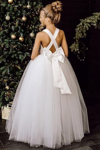 Crossed Straps Flower Girl Dress Satin Long Prom Dress with Bow Puffy Tulle Pageant Dresses for Girls in Saudi Arabia