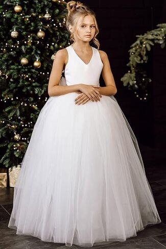 Crossed Straps Flower Girl Dress Satin Long Prom Dress with Bow Puffy Tulle Pageant Dresses for Girls in Saudi Arabia