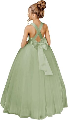 Crossed Straps Flower Girl Dress Satin Long Prom Dress with Bow Puffy Tulle Pageant Dresses for Girls in Saudi Arabia