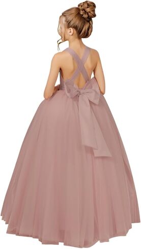 Crossed Straps Flower Girl Dress Satin Long Prom Dress with Bow Puffy Tulle Pageant Dresses for Girls in Saudi Arabia