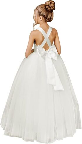 Crossed Straps Flower Girl Dress Satin Long Prom Dress with Bow Puffy Tulle Pageant Dresses for Girls in Saudi Arabia