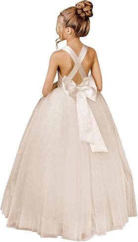 Crossed Straps Flower Girl Dress Satin Long Prom Dress with Bow Puffy Tulle Pageant Dresses for Girls in Saudi Arabia