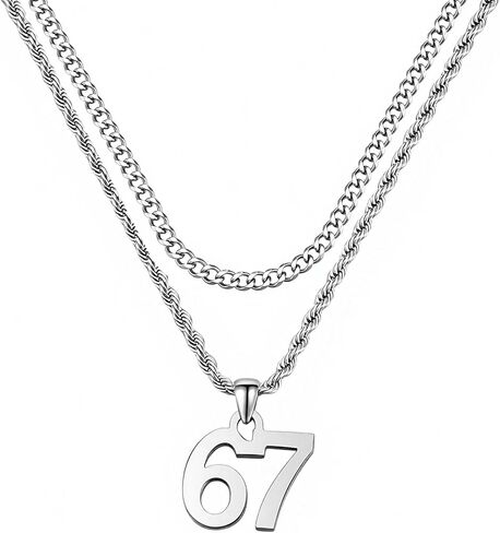 Kigeli 67 Necklace for Teen Boys Silver Stainless Steel Number Six Seven Pendant with Cuban Chunky Chain Personalized 67 Party Favors Athletes Sports Jewelry Gifts for Teenage Men in Saudi Arabia