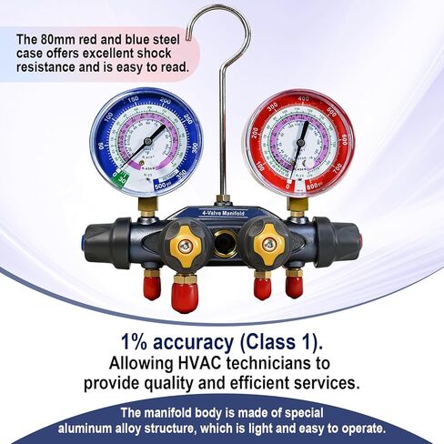 49974 اختبار A2L ذو 4 صمامات ومشعب الشحن فقط، مقاييس 3-1/8 بوصة (80 مم)، لـ R-32/454B/410A، مقياس مشعب HVAC، مقياس مشعب تكييف الهواء (بدون خراطيم) in Kuwait