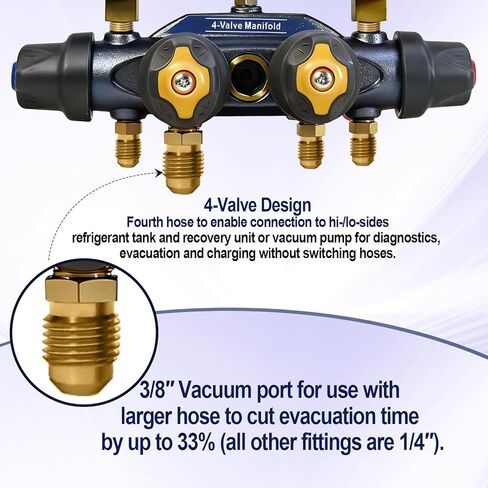 49974 اختبار A2L ذو 4 صمامات ومشعب الشحن فقط، مقاييس 3-1/8 بوصة (80 مم)، لـ R-32/454B/410A، مقياس مشعب HVAC، مقياس مشعب تكييف الهواء (بدون خراطيم) in Kuwait