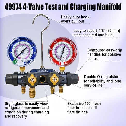 49974 اختبار A2L ذو 4 صمامات ومشعب الشحن فقط، مقاييس 3-1/8 بوصة (80 مم)، لـ R-32/454B/410A، مقياس مشعب HVAC، مقياس مشعب تكييف الهواء (بدون خراطيم) in Kuwait