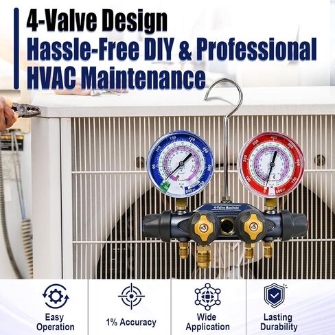 49974 اختبار A2L ذو 4 صمامات ومشعب الشحن فقط، مقاييس 3-1/8 بوصة (80 مم)، لـ R-32/454B/410A، مقياس مشعب HVAC، مقياس مشعب تكييف الهواء (بدون خراطيم) in Kuwait