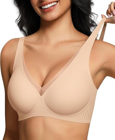 حمالة صدر جيلي شبكية عميقة على شكل حرف V للنساء، تي شيرت بدون خياطة شبكي لاسلكي، يتضمن موسع براليت مريح in Kuwait