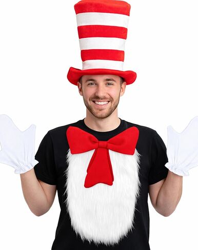 قبعة حمراء مخططة، ربطة عنق حمراء، قفازات بيضاء، طقم إكسسوارات أزياء فروي أبيض، 5 قطع in Kuwait