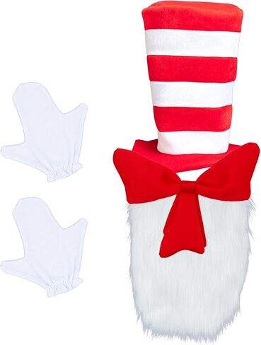 قبعة حمراء مخططة، ربطة عنق حمراء، قفازات بيضاء، طقم إكسسوارات أزياء فروي أبيض، 5 قطع in Kuwait