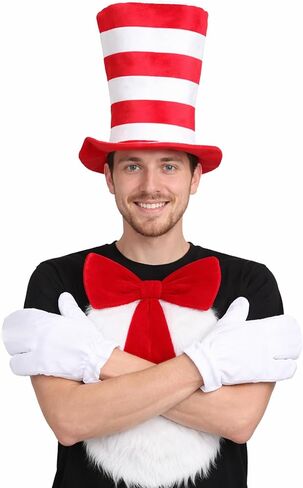 قبعة حمراء مخططة، ربطة عنق حمراء، قفازات بيضاء، طقم إكسسوارات أزياء فروي أبيض، 5 قطع in Kuwait