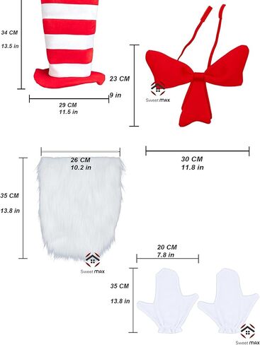 قبعة حمراء مخططة، ربطة عنق حمراء، قفازات بيضاء، طقم إكسسوارات أزياء فروي أبيض، 5 قطع in Kuwait