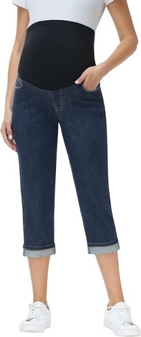 V VOCNI Women's Maternity Jeans Capri Over Belly Cuffed Denim Capris Pregnancy Cropped Pants with Pockets in Saudi Arabia