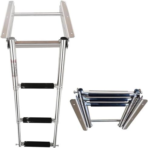 Mojiate Made Ladder Stainless Steel 3 Step Telescoping Folding Boat Ladder Boarding Ladder with Press-Type Spring for Boat Yacht Swimming Pool and More, Rated to 400 Pounds in Kuwait
