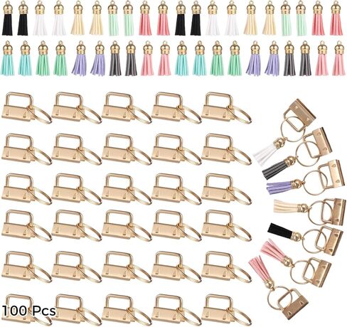 200 Pcs Key Fob Hardware Set, Including 100 Pcs Gold Key Fob and 100 Pcs Tassels, 10 Colors Tassels for DIY Keychain Making, Craft Projects, Bags, Lanyard, Wrist Strap in Kuwait