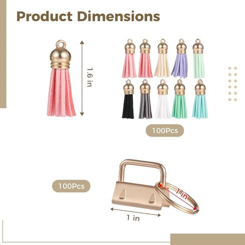 200 Pcs Key Fob Hardware Set, Including 100 Pcs Gold Key Fob and 100 Pcs Tassels, 10 Colors Tassels for DIY Keychain Making, Craft Projects, Bags, Lanyard, Wrist Strap in Kuwait